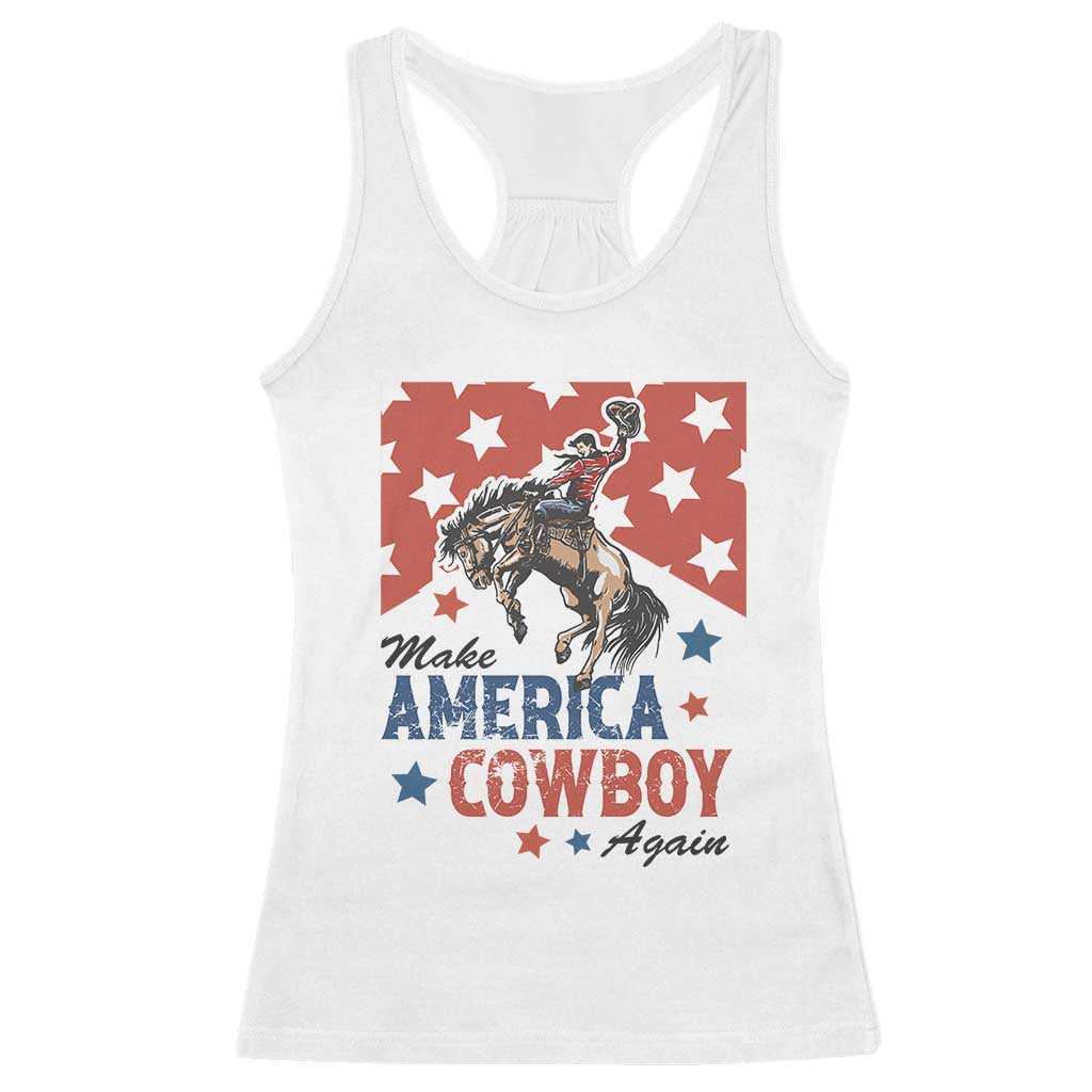 Make America Cowboy Again Patriotic Western Racerback Tank Top Bucking Bronco Star Spangled USA Flag Inspired Country TS02 White Print Your Wear