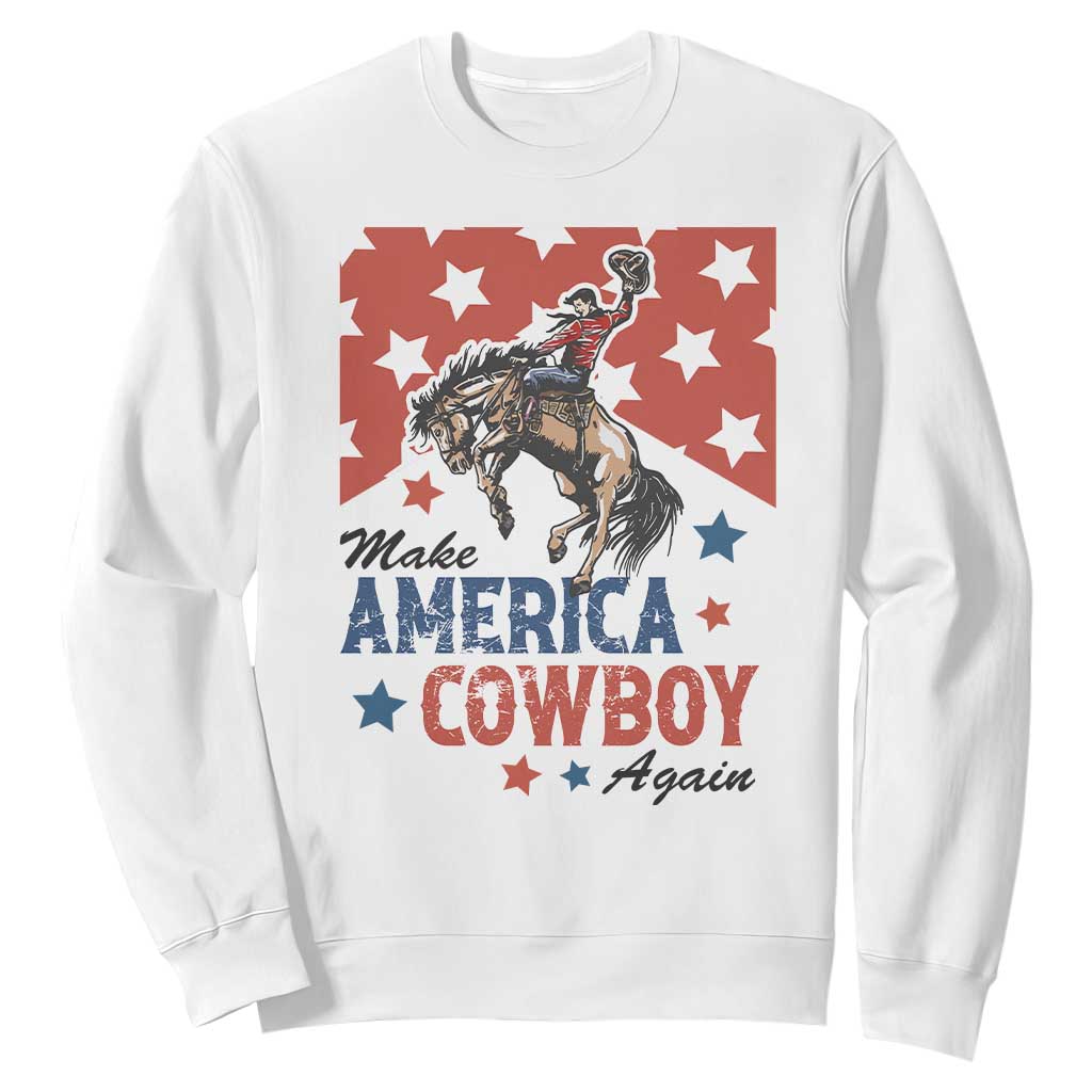 Make America Cowboy Again Patriotic Western Sweatshirt Bucking Bronco Star Spangled USA Flag Inspired Country TS02 White Print Your Wear