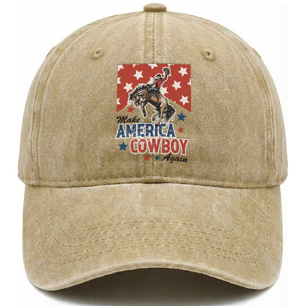 Make America Cowboy Again Patriotic Western Washed Cotton Baseball Cap Bucking Bronco Star Spangled USA Flag Inspired Country TS02 Print Your Wear