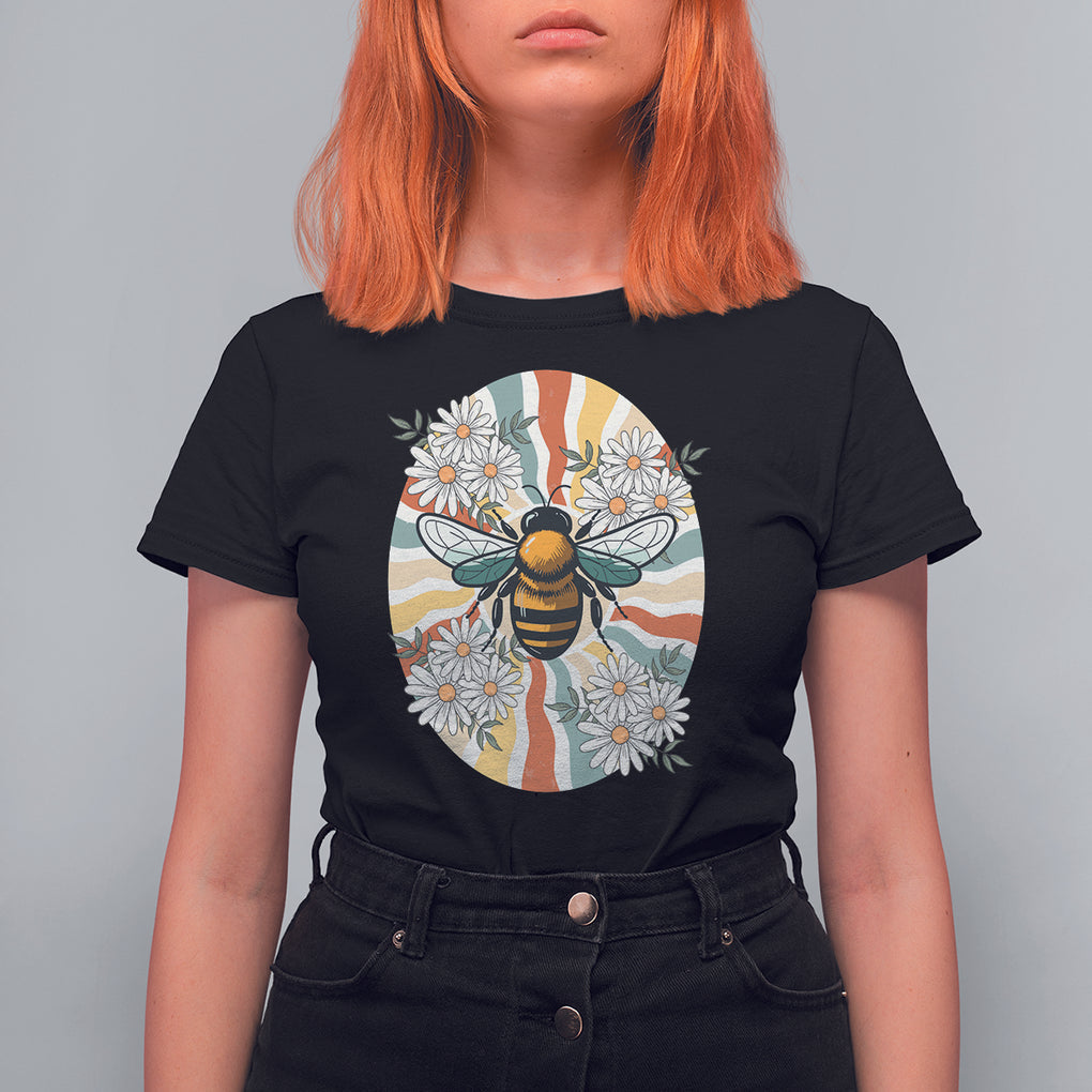 Vintage Bee Daisy Flowers Retro Groovy T Shirt For Women TS02 Black Printyourwear