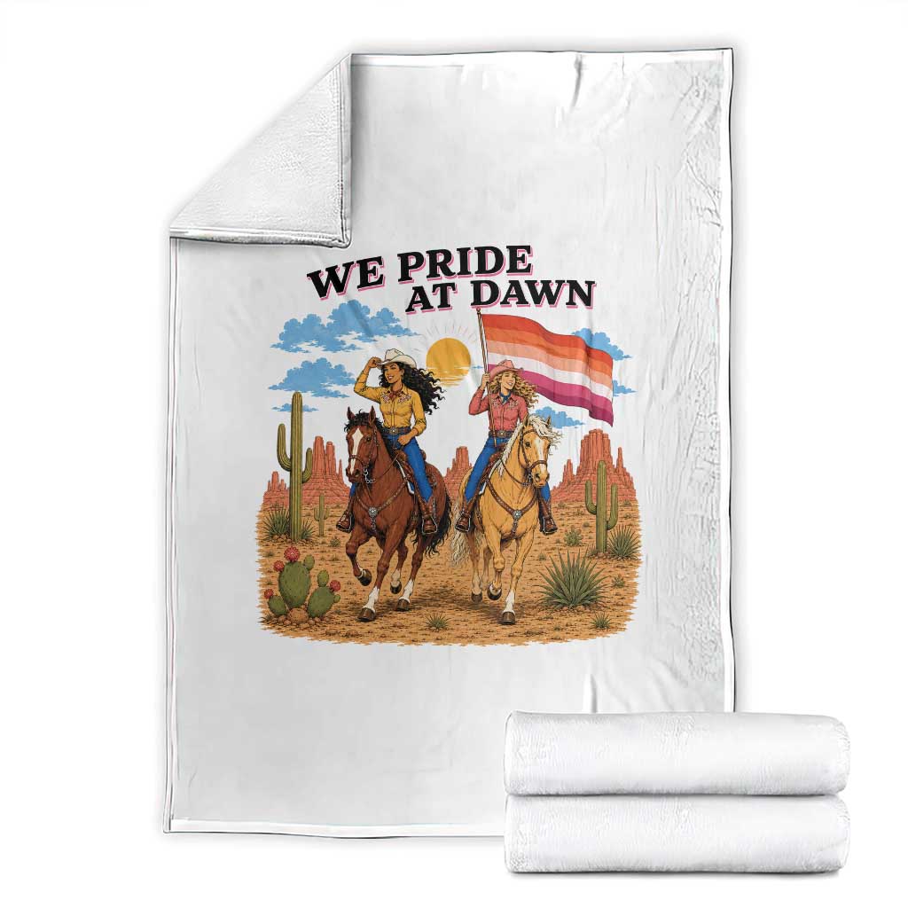 We Pride at Dawn Lesbian Cowgirl Throw Blanket Country Western Retro Graphic Pride Month TS02 White Print Your Wear