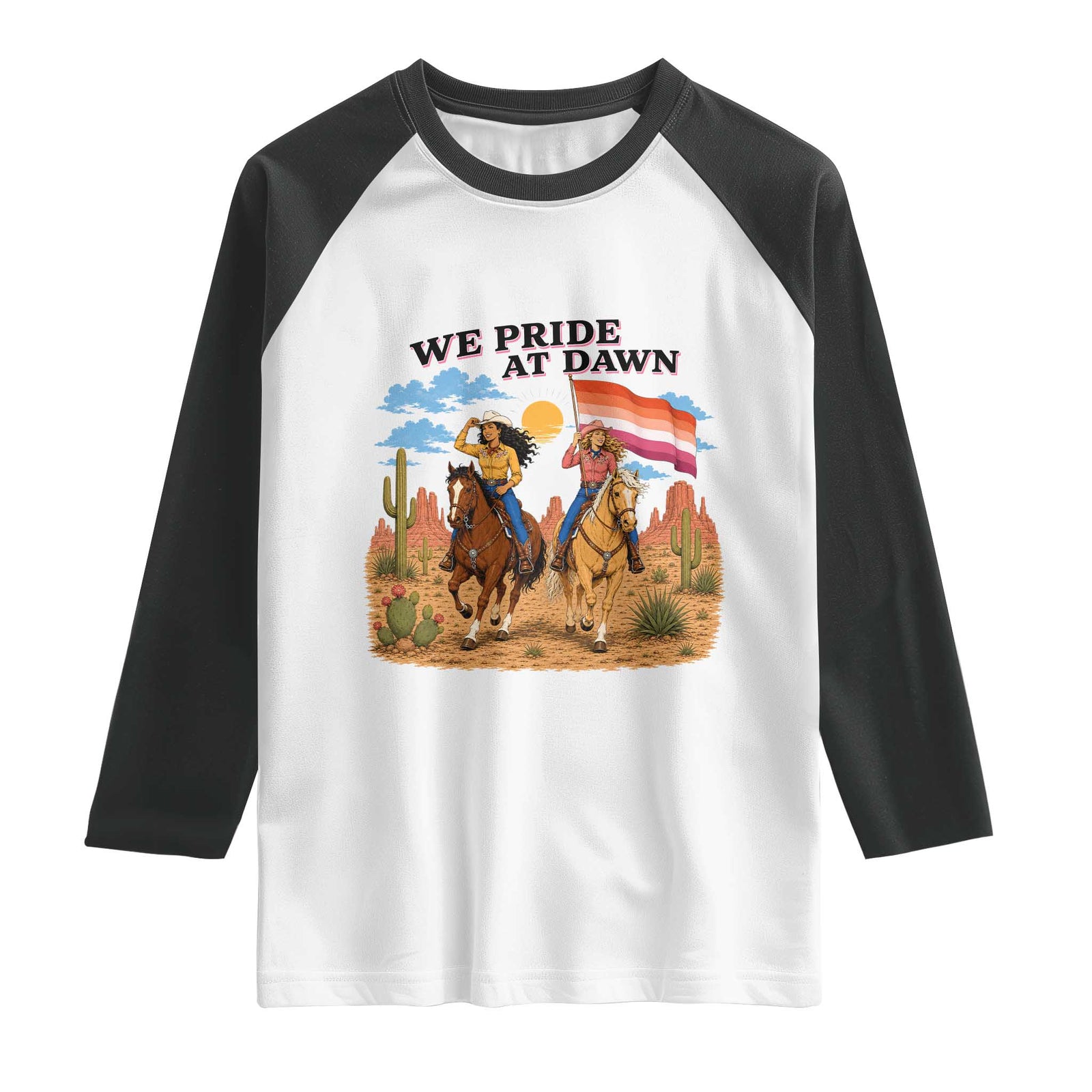 We Pride at Dawn Lesbian Cowgirl Raglan Shirt Country Western Retro Graphic Pride Month TS02 White Black Print Your Wear