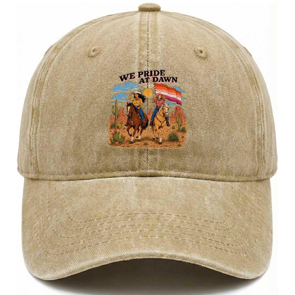 We Pride at Dawn Lesbian Cowgirl Washed Cotton Baseball Cap Country Western Retro Graphic Pride Month TS02 Print Your Wear