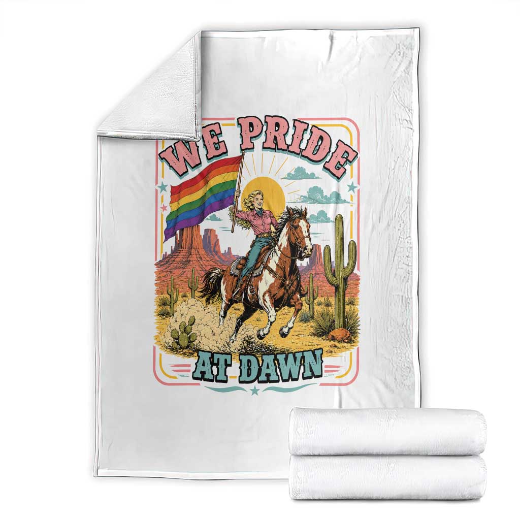 We Pride at Dawn Retro Rainbow Cowgirl Throw Blanket Pride Month Country Western Vibes TS02 White Print Your Wear