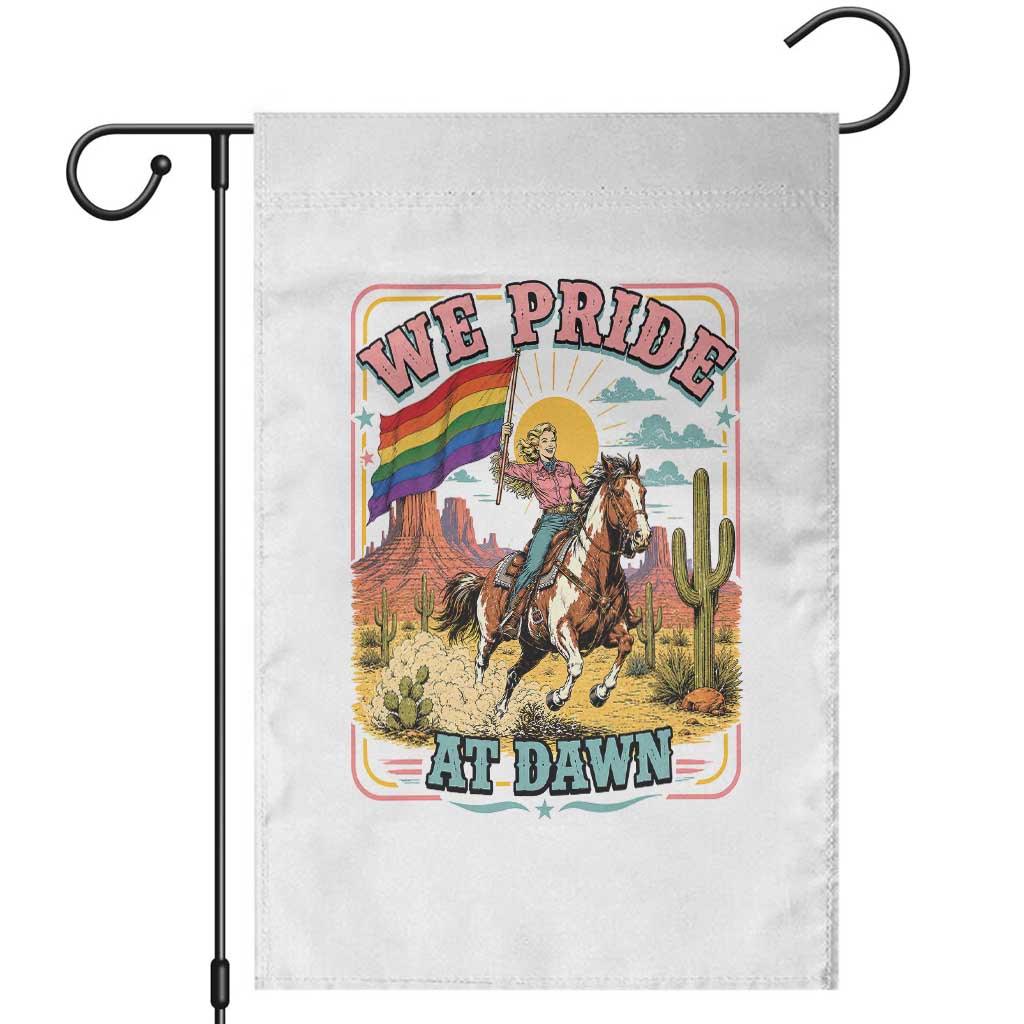 We Pride at Dawn Retro Rainbow Cowgirl Garden Flag Pride Month Country Western Vibes TS02 White Print Your Wear