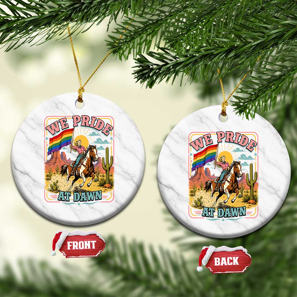 We Pride at Dawn Retro Rainbow Cowgirl Ceramic Ornament Pride Month Country Western Vibes TS02 1pc White Marble Print Your Wear