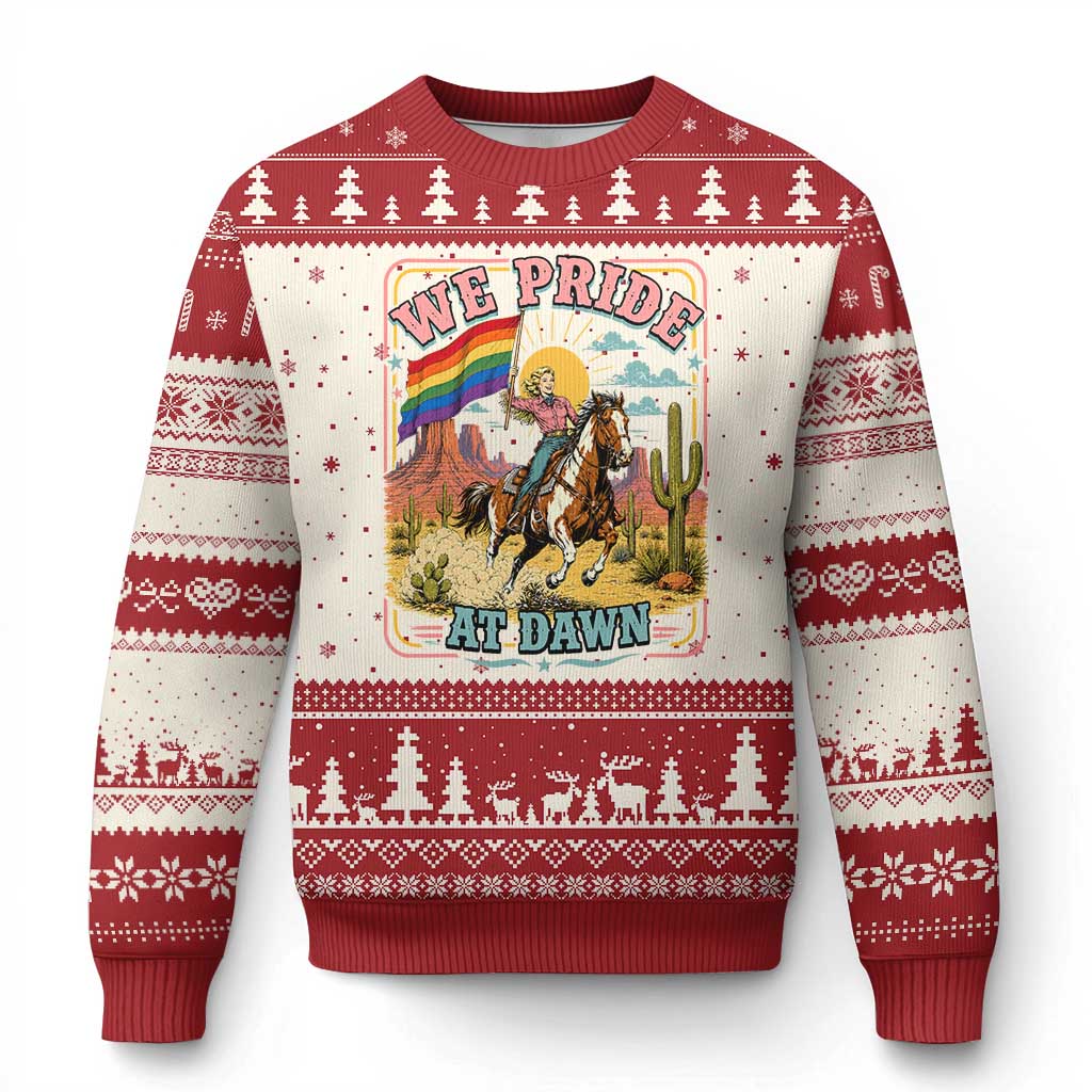 We Pride at Dawn Retro Rainbow Cowgirl Ugly Christmas Sweater Pride Month Country Western Vibes TS02 Beige Red Print Your Wear
