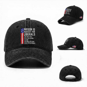 Prison Is Perfect For Liberals Washed Cotton Baseball Cap Distressed American Flag Conservative Humor TS02 Washed Cap Universal Fit Black Print Your Wear