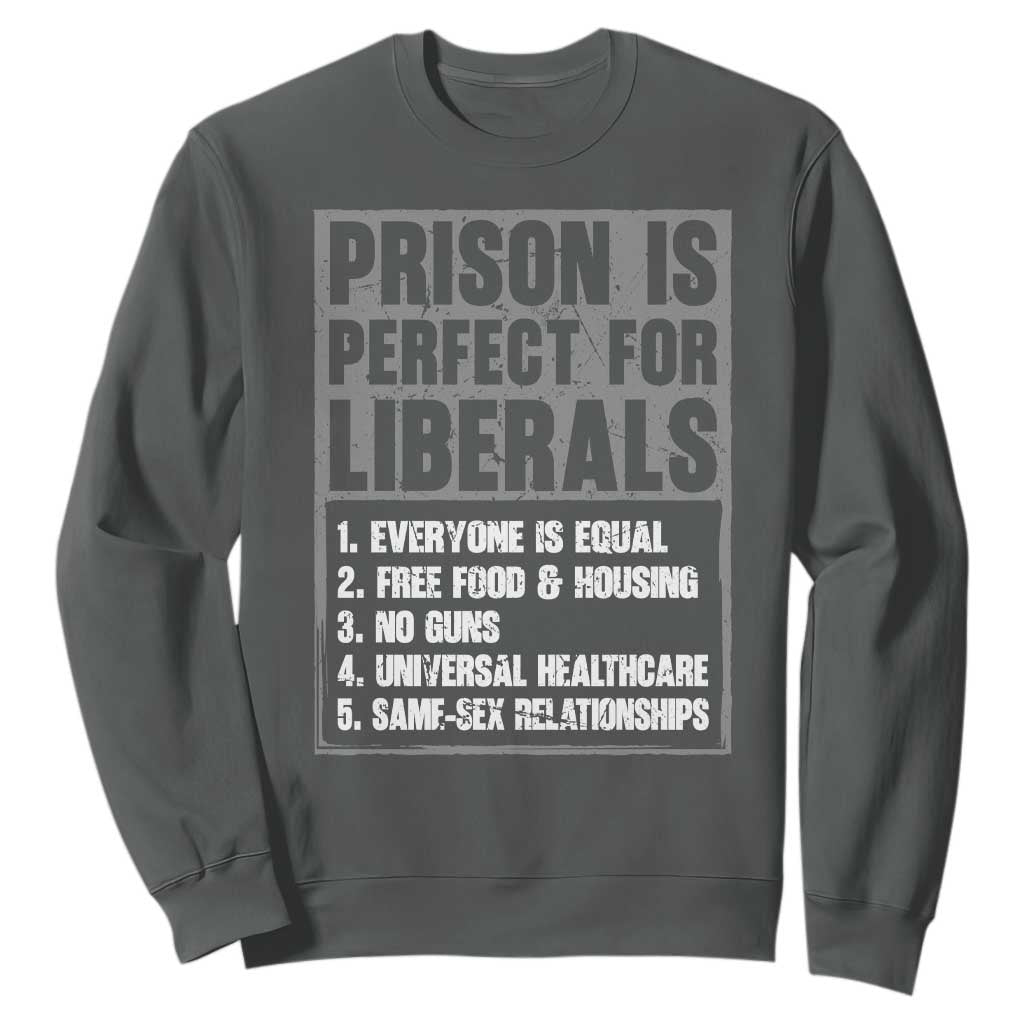 Prison Is Perfect For Liberals Sweatshirt Satirical List Retro Grunge Conservative Humor TS02 Dark Heather Print Your Wear