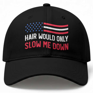 Hair Would Only Slow Me Down Retro Groovy Baseball Cap Patriotic Waving Flag Comedic Bald Pride TS02 Print Your Wear