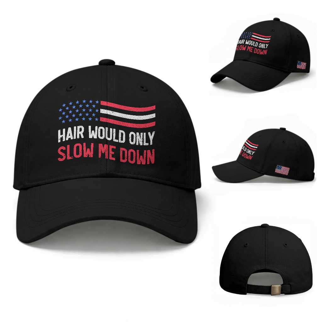 Hair Would Only Slow Me Down Retro Groovy Baseball Cap Patriotic Waving Flag Comedic Bald Pride TS02 Baseball Cap Universal Fit Black Print Your Wear