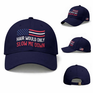 Hair Would Only Slow Me Down Retro Groovy Baseball Cap Patriotic Waving Flag Comedic Bald Pride TS02 Baseball Cap Universal Fit Dark Blue Print Your Wear