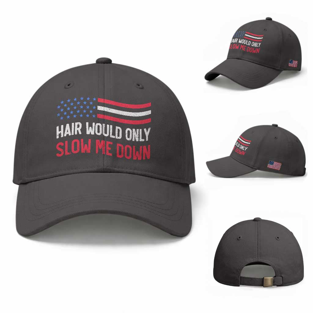 Hair Would Only Slow Me Down Retro Groovy Baseball Cap Patriotic Waving Flag Comedic Bald Pride TS02 Baseball Cap Universal Fit Dark Gray Print Your Wear