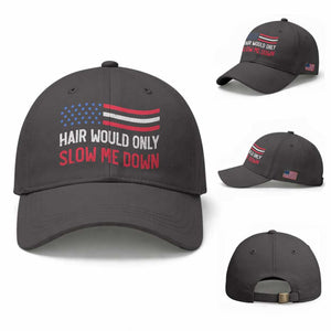 Hair Would Only Slow Me Down Retro Groovy Baseball Cap Patriotic Waving Flag Comedic Bald Pride TS02 Baseball Cap Universal Fit Dark Gray Print Your Wear