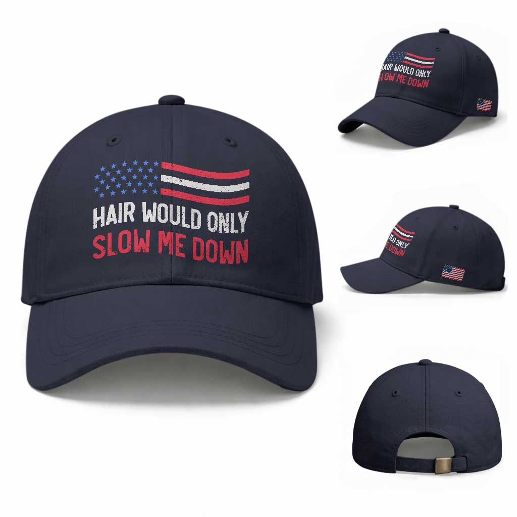 Hair Would Only Slow Me Down Retro Groovy Baseball Cap Patriotic Waving Flag Comedic Bald Pride TS02 Baseball Cap Universal Fit Navy Print Your Wear