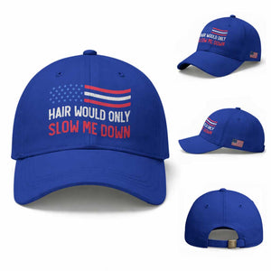 Hair Would Only Slow Me Down Retro Groovy Baseball Cap Patriotic Waving Flag Comedic Bald Pride TS02 Baseball Cap Universal Fit Royal Blue Print Your Wear
