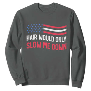 Hair Would Only Slow Me Down Retro Groovy Sweatshirt Patriotic Waving Flag Comedic Bald Pride TS02 Dark Heather Print Your Wear
