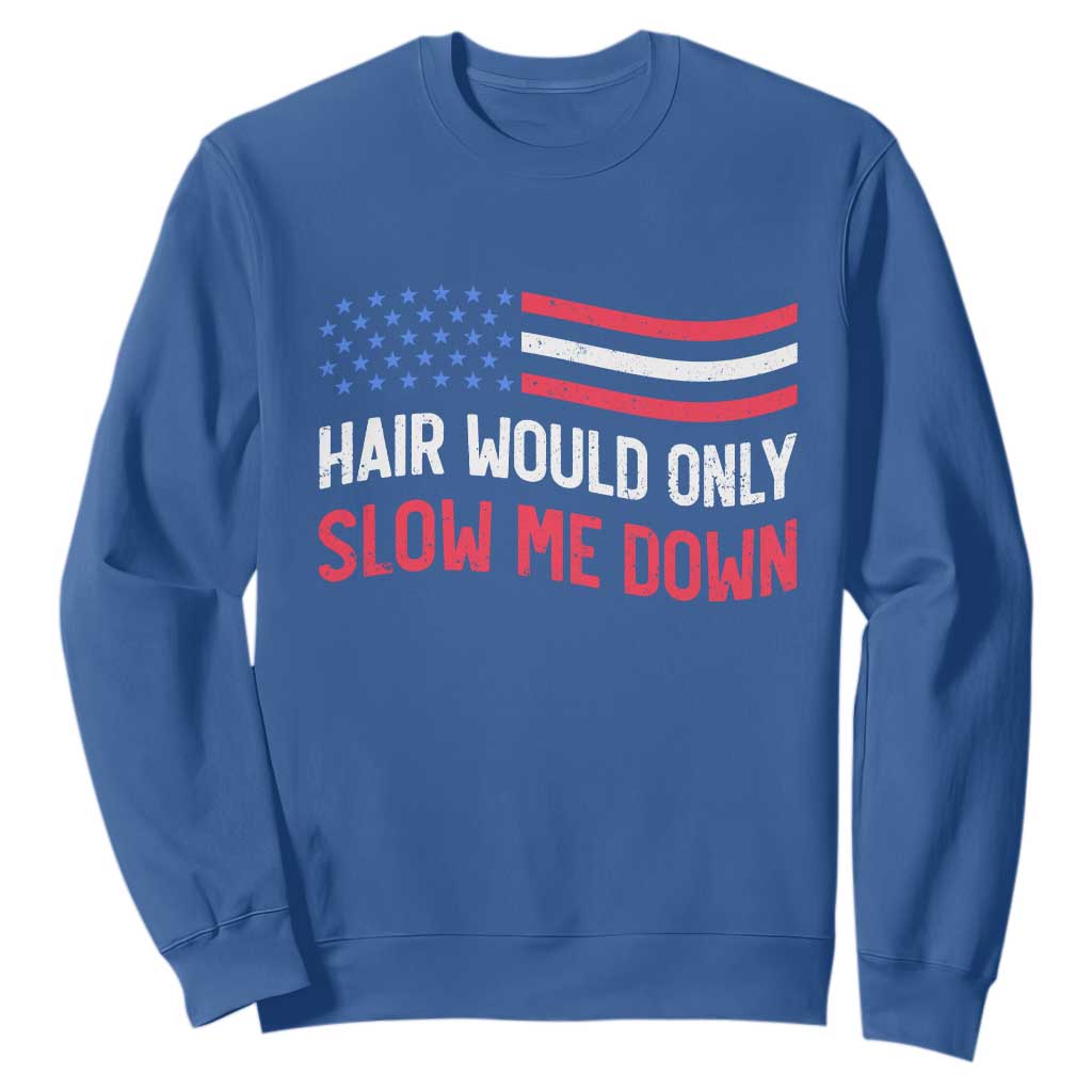 Hair Would Only Slow Me Down Retro Groovy Sweatshirt Patriotic Waving Flag Comedic Bald Pride TS02 Royal Blue Print Your Wear