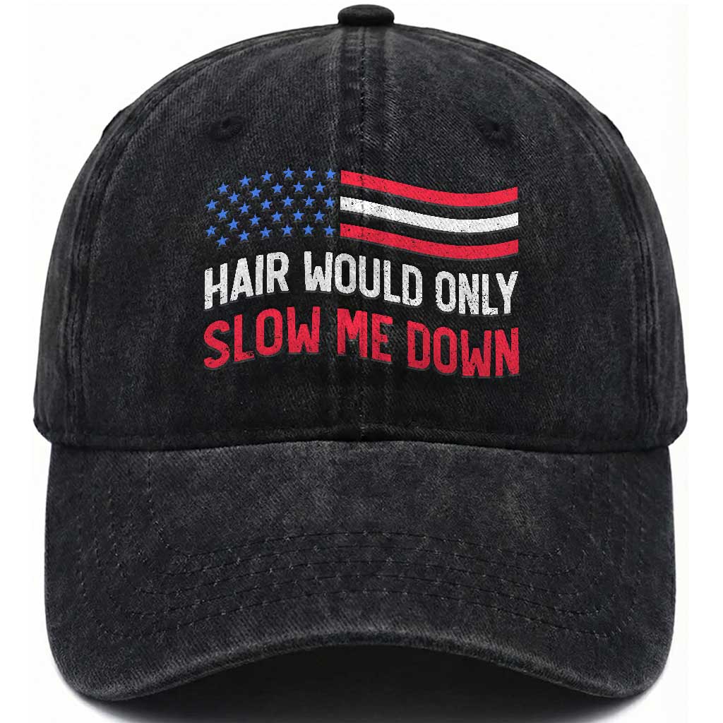 Hair Would Only Slow Me Down Retro Groovy Washed Cotton Baseball Cap Patriotic Waving Flag Comedic Bald Pride TS02 Print Your Wear