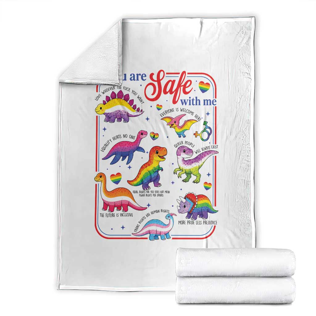 Cute Rainbow Dinosaur LGBTQ Ally Throw Blanket You Are Safe With Me Pride Month TS02 White Print Your Wear