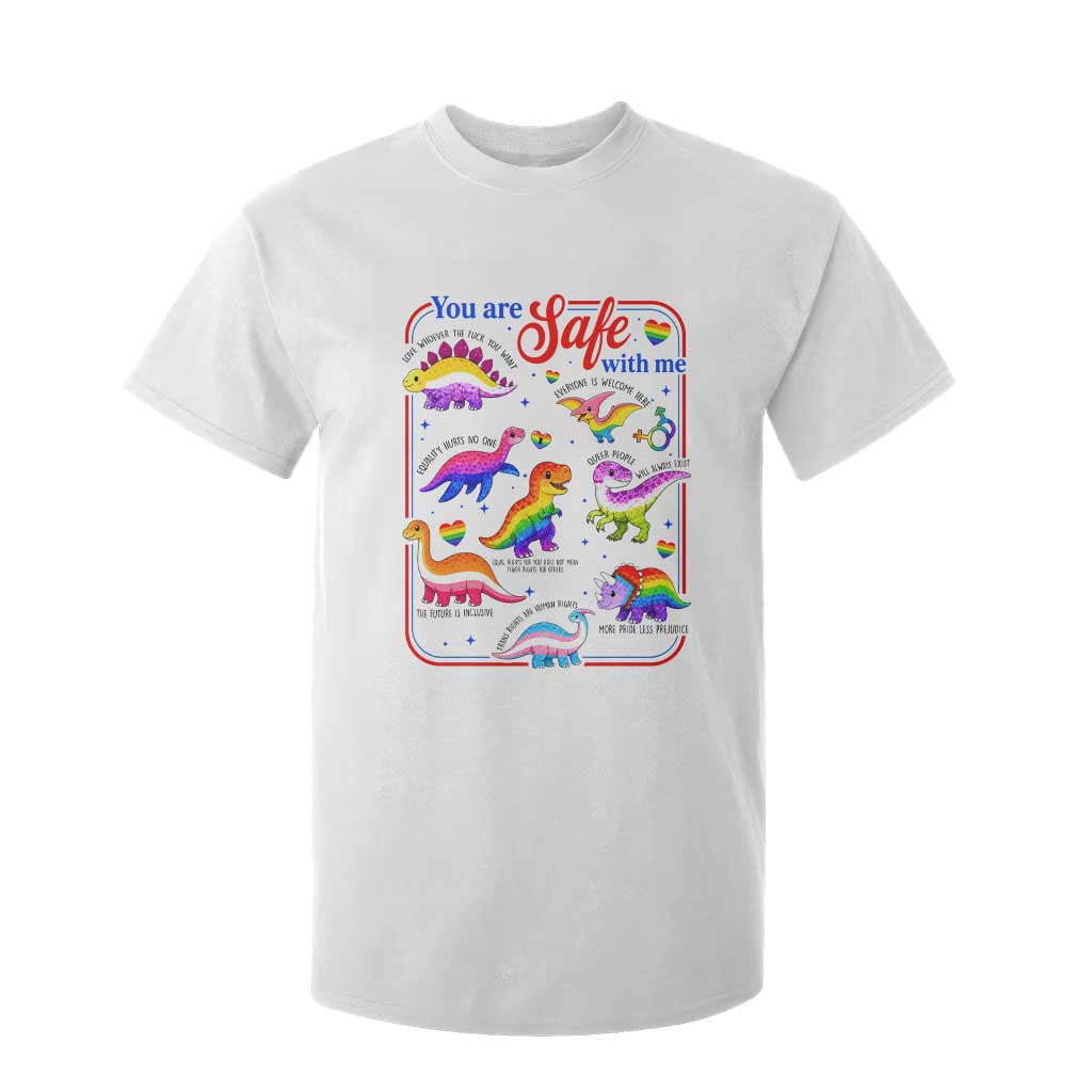 Cute Rainbow Dinosaur LGBTQ Ally T Shirt For Kid You Are Safe With Me Pride Month TS02 White Print Your Wear