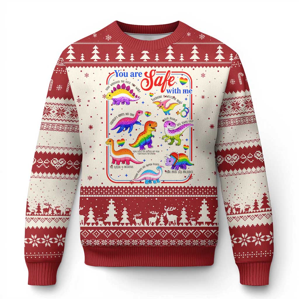 Cute Rainbow Dinosaur LGBTQ Ally Ugly Christmas Sweater You Are Safe With Me Pride Month TS02 Beige Red Print Your Wear