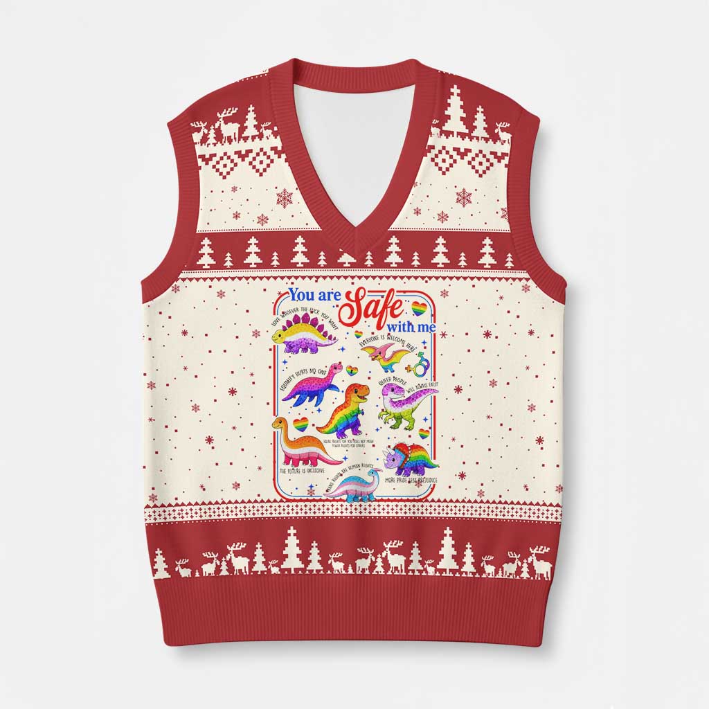 Cute Rainbow Dinosaur LGBTQ Ally V-Neck Knit Sweater Vest You Are Safe With Me Pride Month TS02 Beige Red Print Your Wear