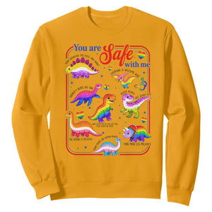 Cute Rainbow Dinosaur LGBTQ Ally Sweatshirt You Are Safe With Me Pride Month TS02 Gold Print Your Wear