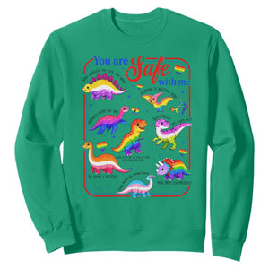 Cute Rainbow Dinosaur LGBTQ Ally Sweatshirt You Are Safe With Me Pride Month TS02 Irish Green Print Your Wear