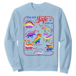 Cute Rainbow Dinosaur LGBTQ Ally Sweatshirt You Are Safe With Me Pride Month TS02 Light Blue Print Your Wear
