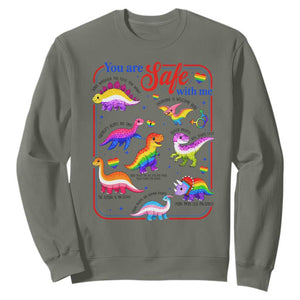 Cute Rainbow Dinosaur LGBTQ Ally Sweatshirt You Are Safe With Me Pride Month TS02 Military Green Print Your Wear