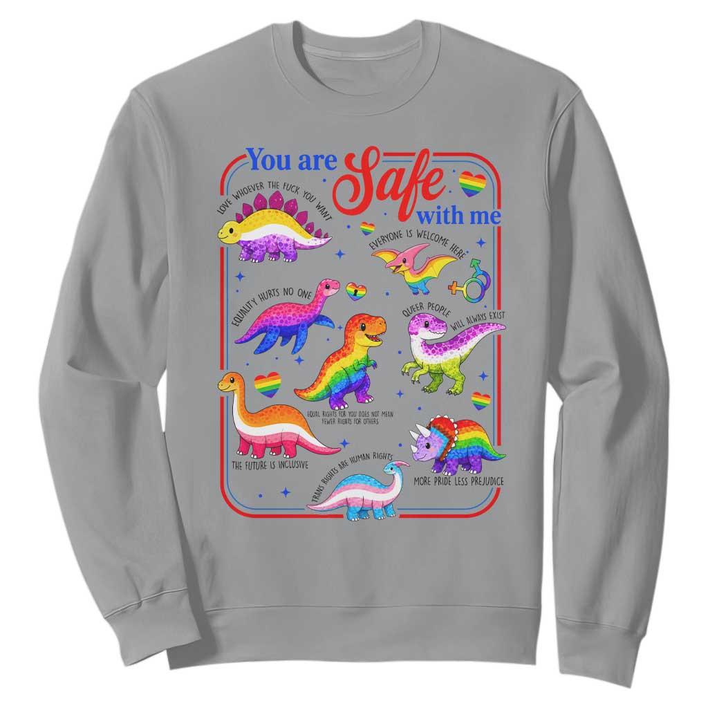 Cute Rainbow Dinosaur LGBTQ Ally Sweatshirt You Are Safe With Me Pride Month TS02 Sport Gray Print Your Wear
