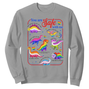 Cute Rainbow Dinosaur LGBTQ Ally Sweatshirt You Are Safe With Me Pride Month TS02 Sport Gray Print Your Wear