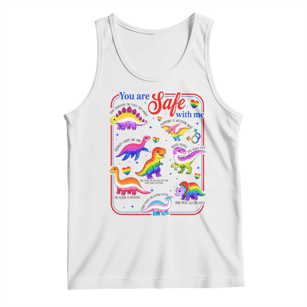 Cute Rainbow Dinosaur LGBTQ Ally Tank Top You Are Safe With Me Pride Month TS02 White Print Your Wear