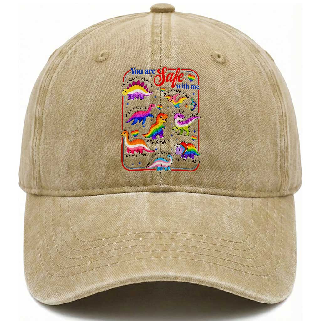 Cute Rainbow Dinosaur LGBTQ Ally Washed Cotton Baseball Cap You Are Safe With Me Pride Month TS02 Print Your Wear