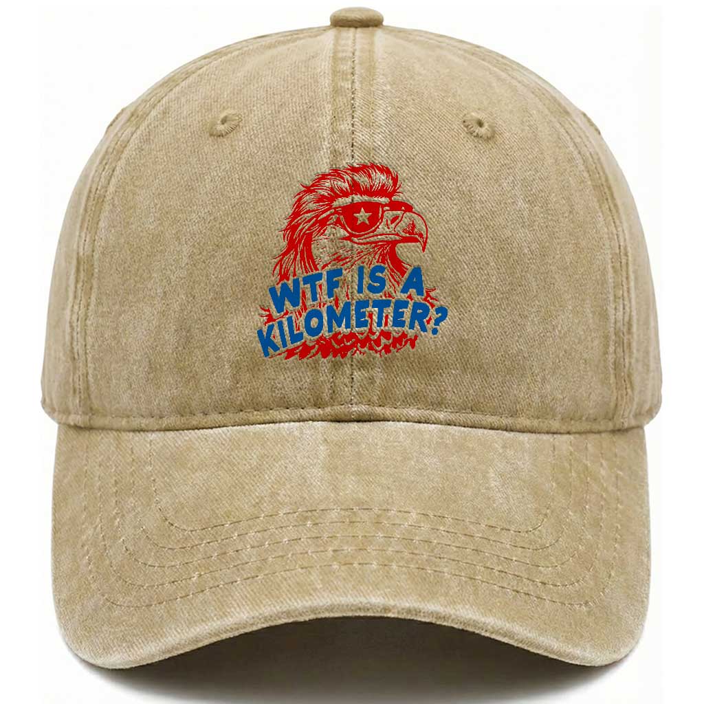WTF Is A Kilometer Funny American Bald Eagle Washed Cotton Baseball Cap Patriotic 4th of July Humor TS02 Print Your Wear