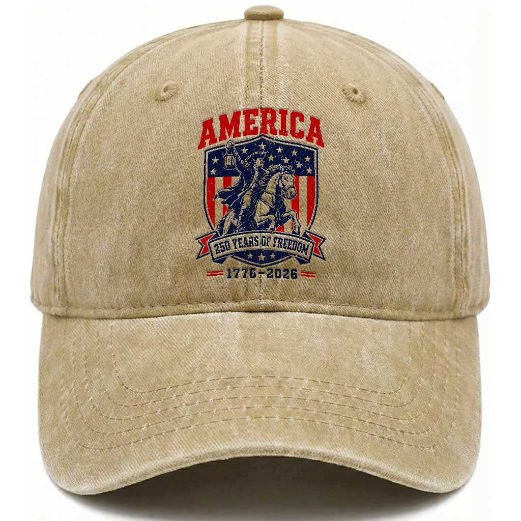 250 Years of Freedom Paul Revere Midnight Ride Washed Cotton Baseball Cap Patriotic Historical Revolution American Flag Shield TS02 Print Your Wear
