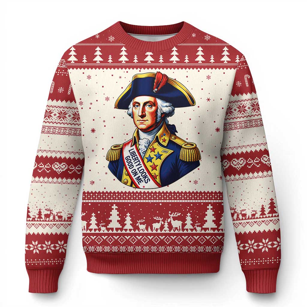George Washington Patriotic History Graphic Ugly Christmas Sweater Liberty Looks Good On Me 4th of July Founding Father Humor TS02 Beige Red Print Your Wear