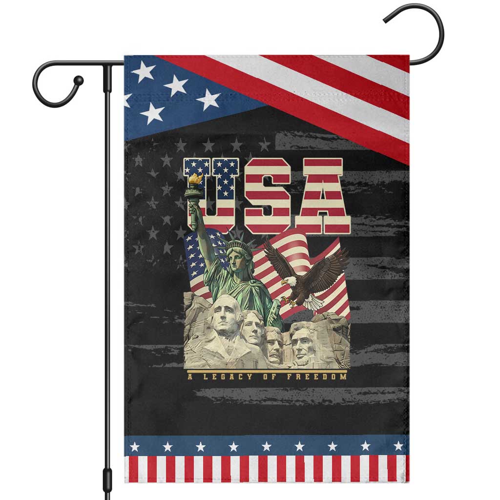 USA Legacy of Freedom Garden Flag Patriotic Statue of Liberty Bald Eagle Mount Rushmore Graphic TS02 Distressed Black Blue Print Your Wear