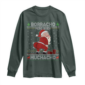 Funny Drunk Mexican Santa Long Sleeve Shirt Borracho Pero Buen Muchacho Good Guy in Spanish TS02 Dark Forest Green Print Your Wear