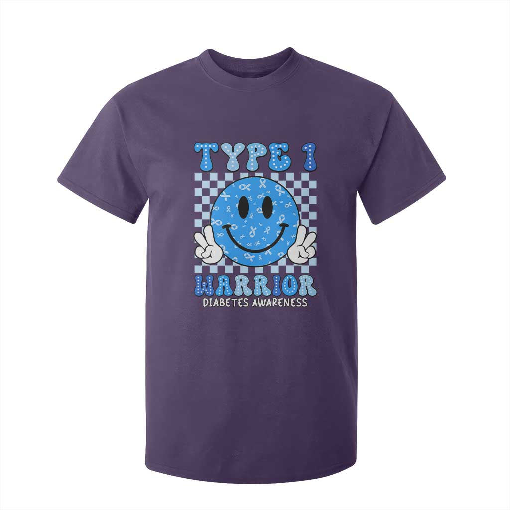Diabetes Awareness T Shirt For Kid Blue Ribbon T1D Warrior Support Squad Retro Groovy TS02 Purple Print Your Wear