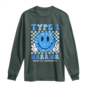 Diabetes Awareness Long Sleeve Shirt Blue Ribbon T1D Warrior Support Squad Retro Groovy TS02 Dark Forest Green Print Your Wear