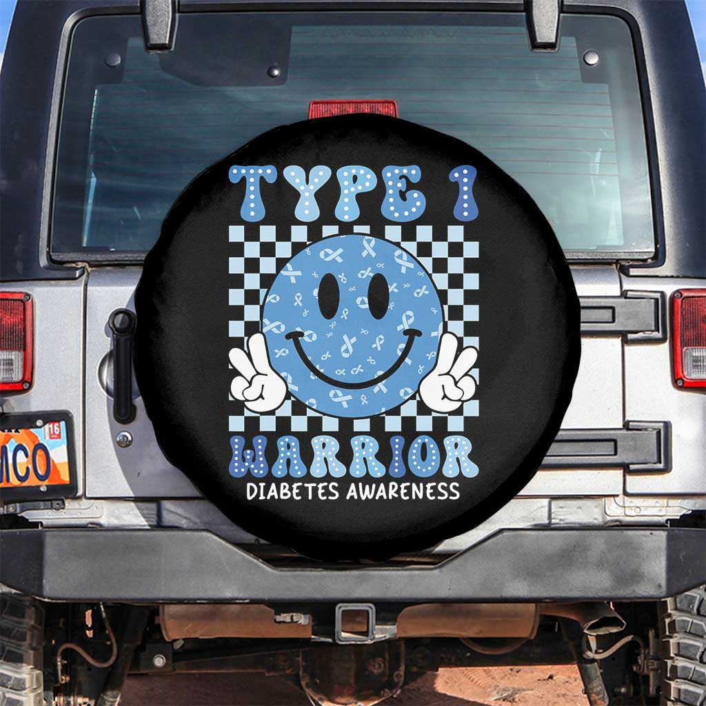 Diabetes Awareness Spare Tire Cover Blue Ribbon T1D Warrior Support Squad Retro Groovy TS02 No hole Black Print Your Wear