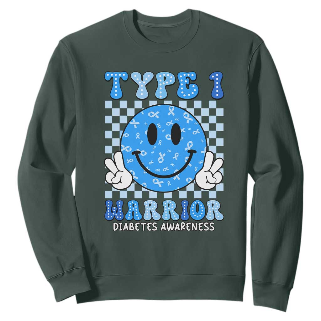 Diabetes Awareness Sweatshirt Blue Ribbon T1D Warrior Support Squad Retro Groovy TS02 Dark Forest Green Print Your Wear
