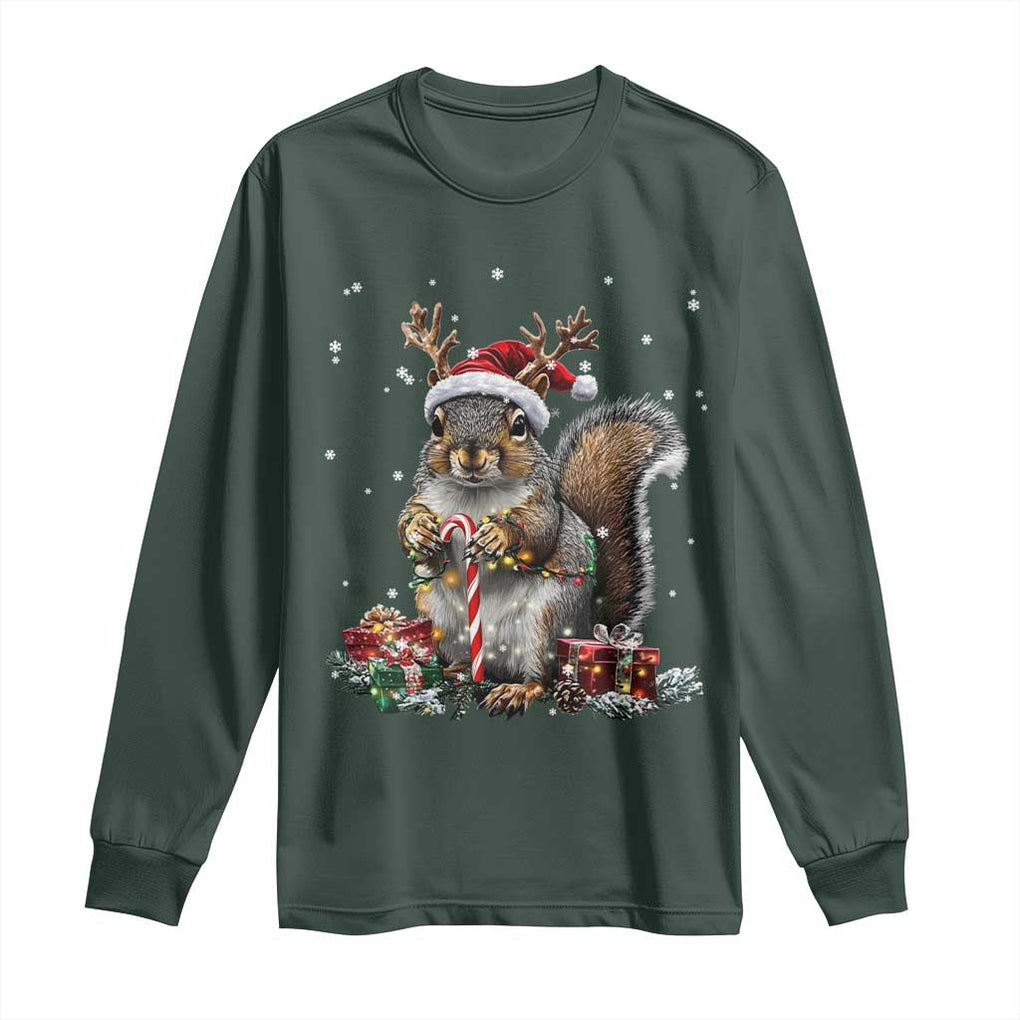 Christmas Squirrel Long Sleeve Shirt Xmas Tree Lights Reindeer Santa Hat Pajamas TS02 Dark Forest Green Print Your Wear