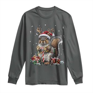 Christmas Squirrel Long Sleeve Shirt Xmas Tree Lights Reindeer Santa Hat Pajamas TS02 Dark Heather Print Your Wear