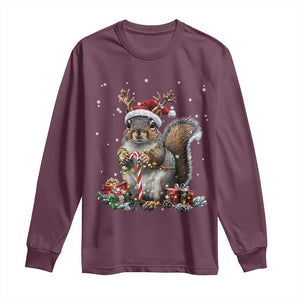 Christmas Squirrel Long Sleeve Shirt Xmas Tree Lights Reindeer Santa Hat Pajamas TS02 Maroon Print Your Wear