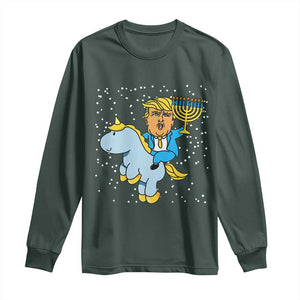 Funny Hanukkah Trump Long Sleeve Shirt Riding Unicorn Menorah Jewish Chanukah Gift TS02 Dark Forest Green Print Your Wear