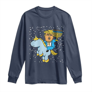 Funny Hanukkah Trump Long Sleeve Shirt Riding Unicorn Menorah Jewish Chanukah Gift TS02 Navy Print Your Wear