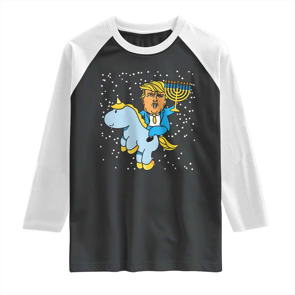 Funny Hanukkah Trump Raglan Shirt Riding Unicorn Menorah Jewish Chanukah Gift TS02 Black White Print Your Wear